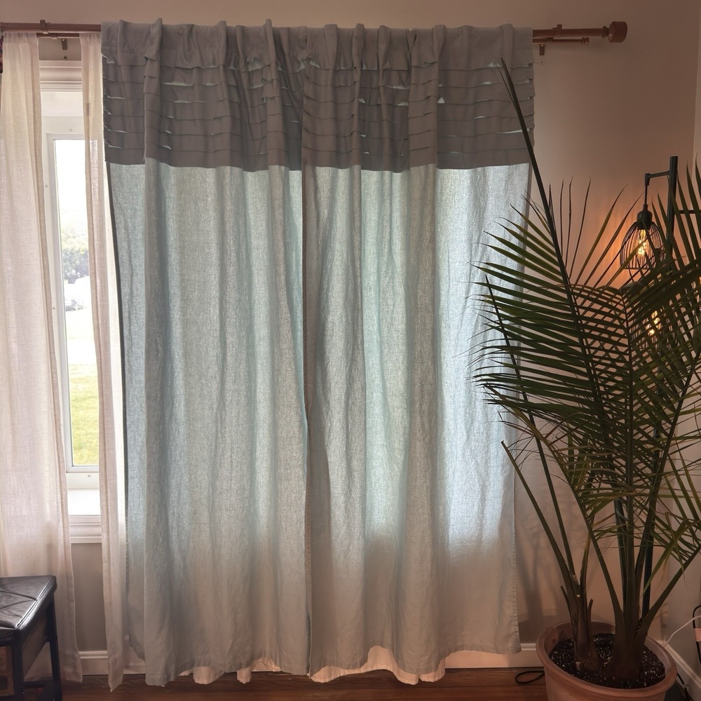 Pottery Barn Light Blue Linen Cotton Pleated Curtain Panels 78in 4 Panels Set